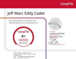 CompTIA A+ certificate awarded to Jeff Cadet
