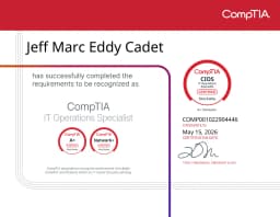 CompTIA IT Operations Specialist certificate awarded to Jeff Cadet