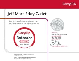 CompTIA Network+ certificate awarded to Jeff Cadet