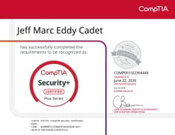 CompTIA Security+ certificate awarded to Jeff Cadet